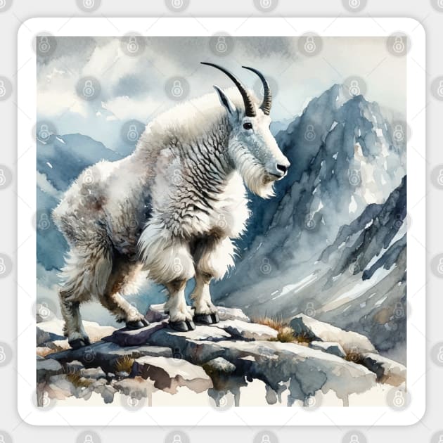 Alpine Grace: Majestic Mountain Goat Watercolor Sticker by Aquarelle Impressions